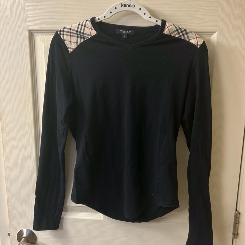 Burberry Black Long Sleeve Top with Plaid Accents